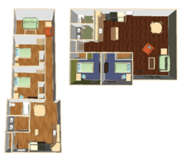 Floor plans with bedrooms living and kitchen at Copper Beech Commons Student Housing in Syracuse Student Accommodation