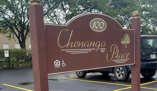 Chenango Place sign apartment exterior Exterior at 100 Chenango Place in Binghamton Student Accommodation