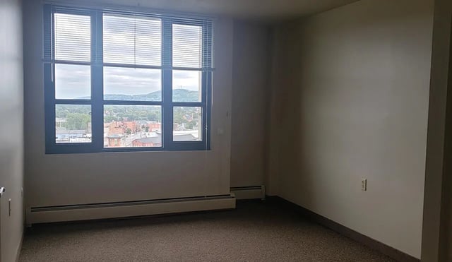 Carpeted empty room with large window and heating exterior at 100 Chenango Place in Binghamton Student Accommodation