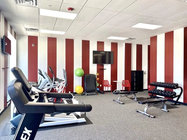 Gym with treadmills ellipticals benches weights fitness room at CitySide By Alexa in Bloomington Student Accommodation