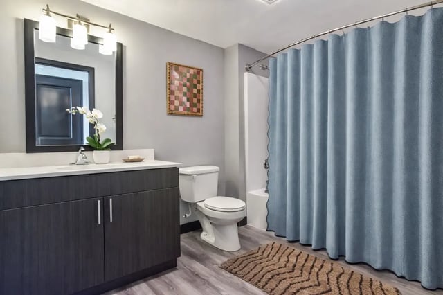 Vanity toilet shower curtain rug bathroom at CitySide By Alexa in Bloomington Student Accommodation