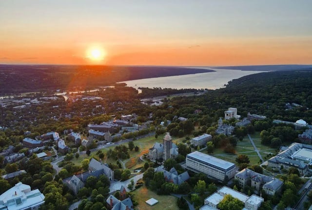 Aerial view campus buildings at sunset exterior at 407 College Ave in Ithaca Student Accommodation