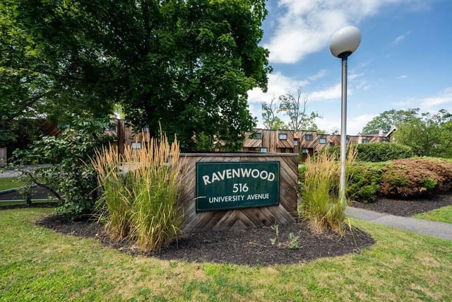 Ravenwood sign with grass exterior at 407 College Ave in Ithaca Student Accommodation