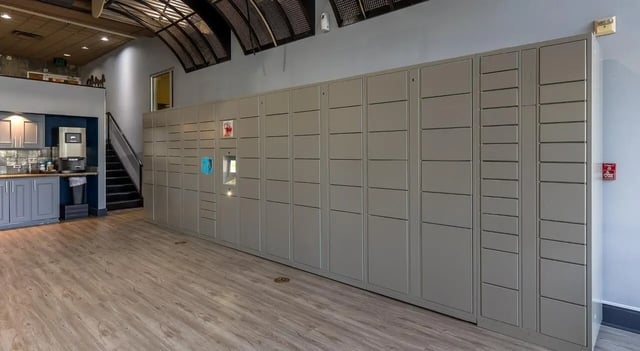 Package lockers and coffee station lounge area at 1016 Lofts in Atlanta Student Accommodation