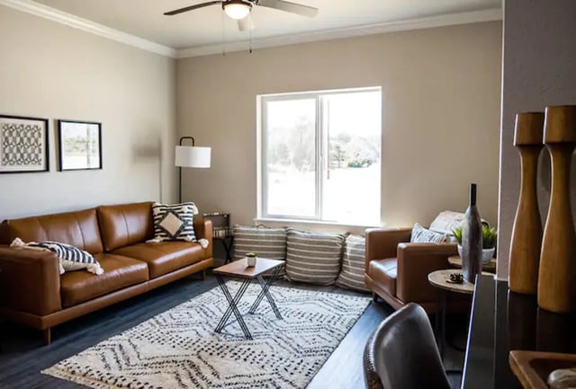 Leather sofa patterned rug framed art living room at 625 at Prairie View Apartments in Prairie View Student Accommodation