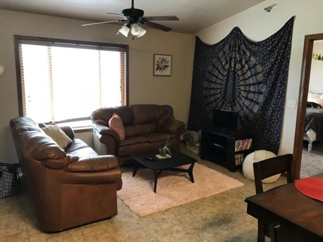 Brown sofas coffee table pink rug living room at Clarks Landing Apartments in Vermillion Student Accommodation