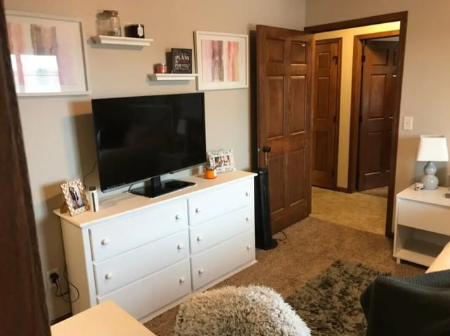 TV on dresser with artwork Bedroom exterior at Clarks Landing Apartments in Vermillion Student Accommodation
