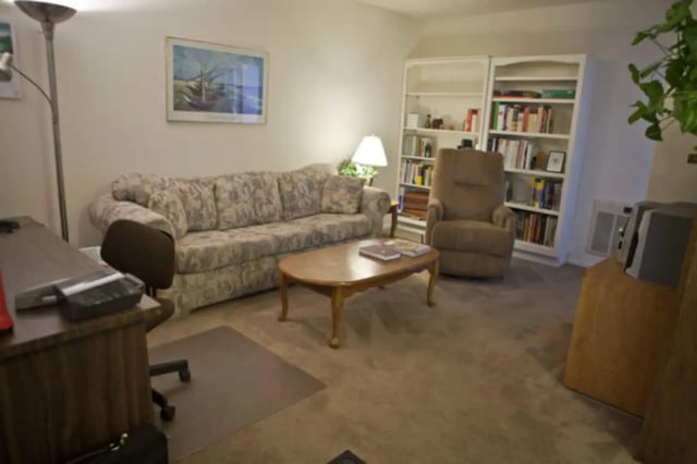 Sofa armchair coffee table bookcase living room at Berkshire Terrace in Goleta Student Accommodation
