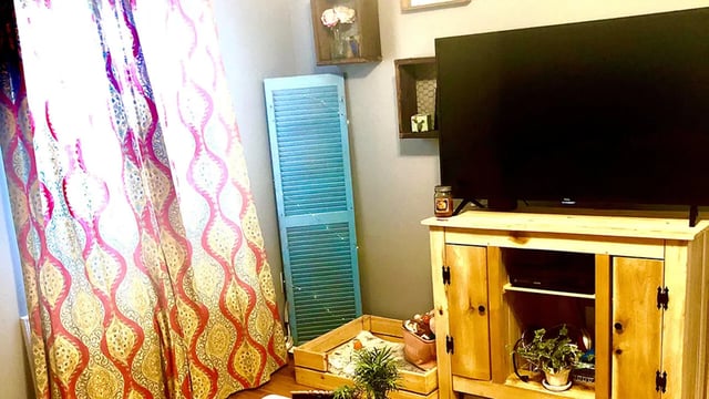 Curtains television cabinet dog bed living room at Big Green Properties in Huntington Student Accommodation