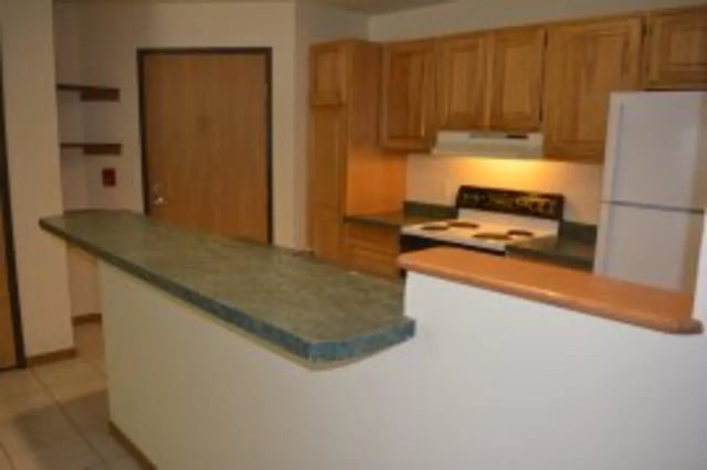 Counter stove refrigerator and cabinets kitchen at Biondo Properties, LLC in La Crosse Student Accommodation