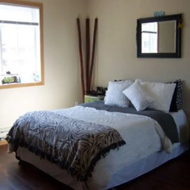 Bed with white bedding zebra throw mirror Bedroom at Biondo Properties, LLC in La Crosse Student Accommodation