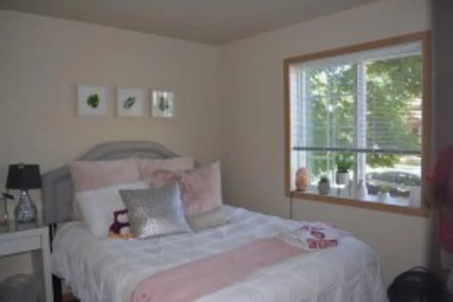 Bed with pink and silver pillows and wall art Bedroom at Biondo Properties, LLC in La Crosse Student Accommodation