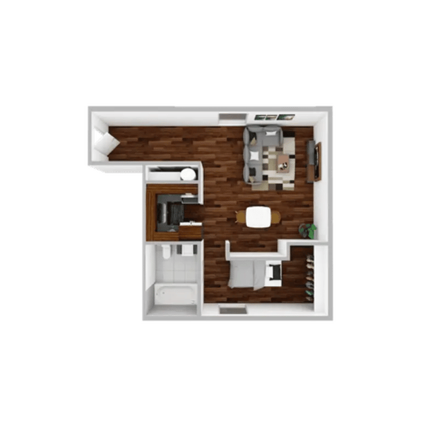 Studio apartment with living area bedroom kitchen and bathroom floor plan at Campustown in Ames Student Accommodation