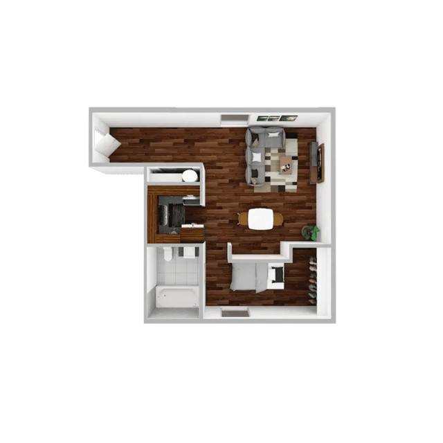 Floor plan with bed living kitchen bathroom living room at Campustown in Ames Student Accommodation