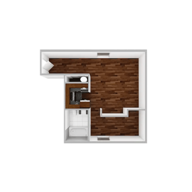Floor plan with bed bathroom and kitchen Bedroom at Campustown in Ames Student Accommodation