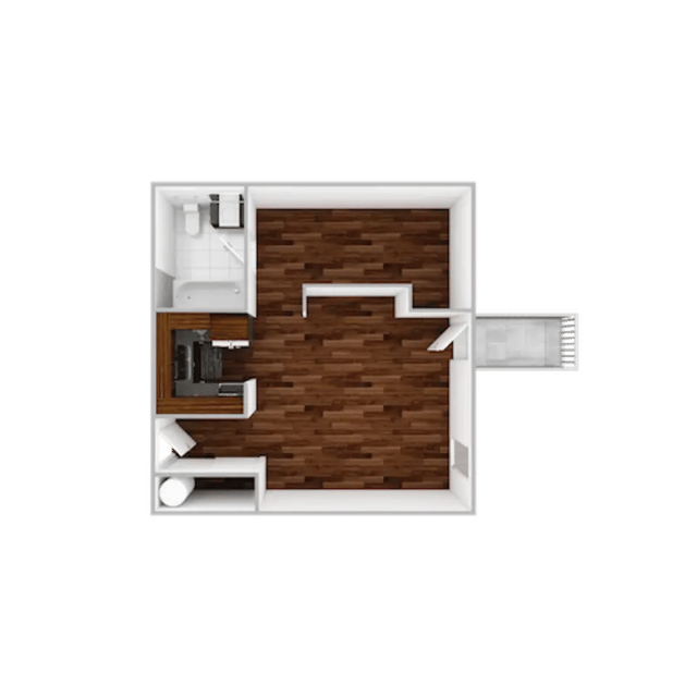 Studio floor plan with kitchen bathroom living area at Campustown in Ames Student Accommodation