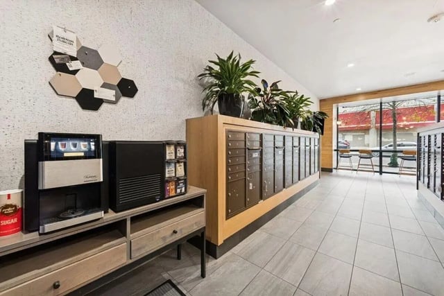 Mailboxes coffee machine plants seating area lounge at Alta Peak in Portland Student Accommodation