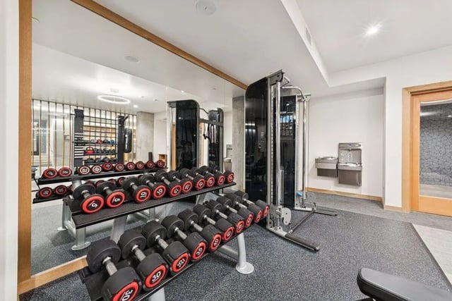 Dumbbells cable machine water fountain gym at Alta Peak in Portland Student Accommodation