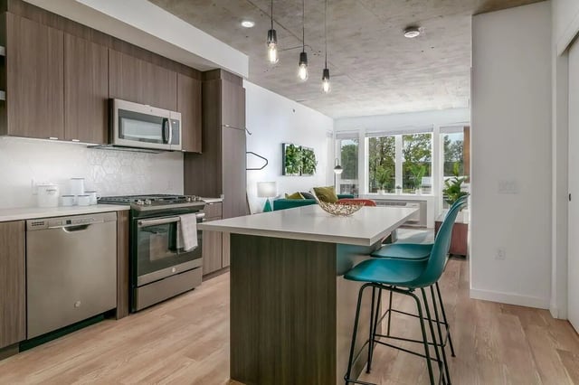 Modern kitchen island and stools living room Image Type at Alta Peak in Portland Student Accommodation