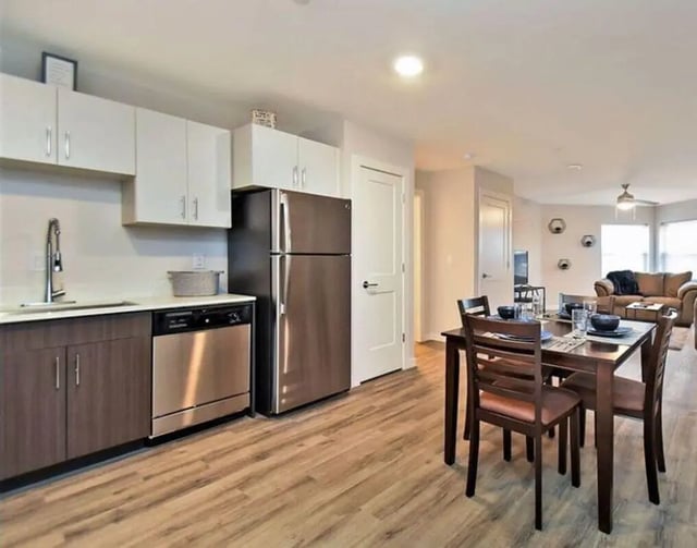 Modern kitchen with dining area living room at Advantage Point Student Apartments in Kutztown Student Accommodation