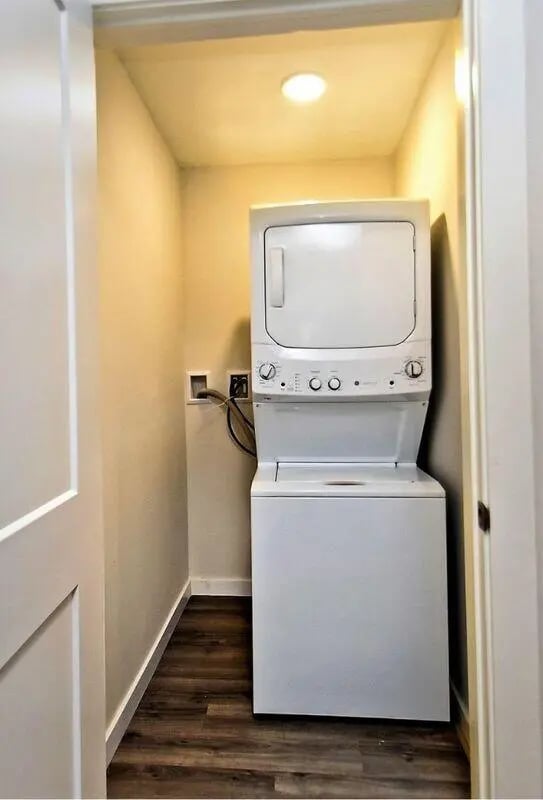 Stacked white washer dryer laundry closet at Advantage Point Student Apartments in Kutztown Student Accommodation