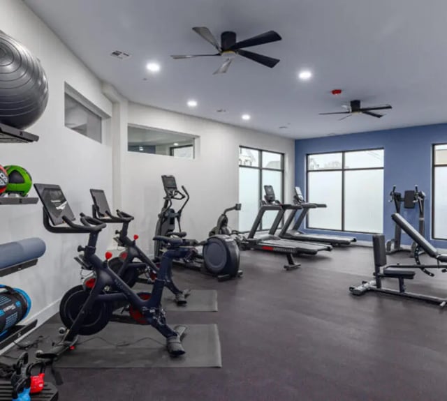 Exercise bikes treadmills and weight bench gym at 44 Courtlandt in New Brunswick Student Accommodation