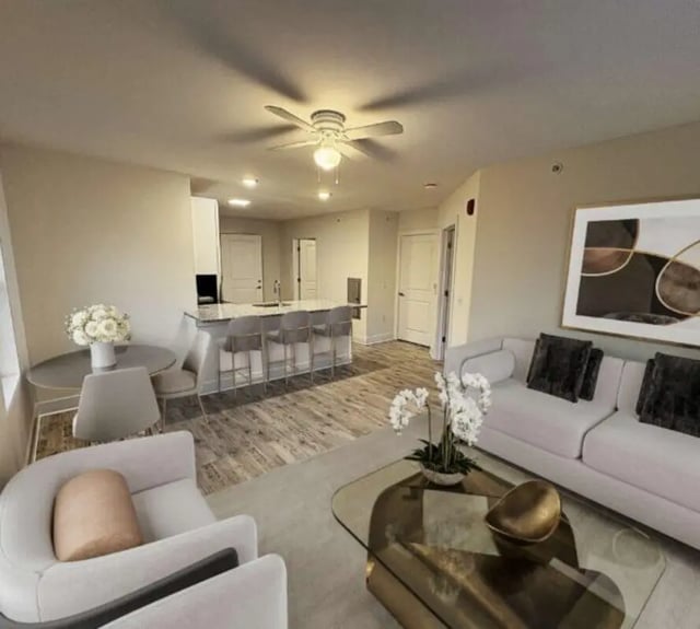 Modern living room with kitchen island couch living room at 44 Courtlandt in New Brunswick Student Accommodation