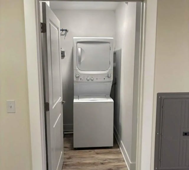 Stacked washer dryer and white door Laundry room at 44 Courtlandt in New Brunswick Student Accommodation