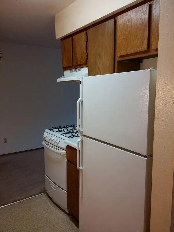 White refrigerator gas stove wooden cabinets kitchen at Campus Court in Milwaukee Student Accommodation