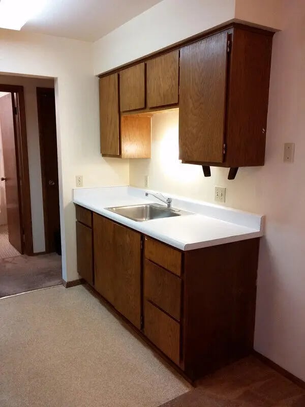 Wooden cabinets sink and countertop kitchen at Campus Court in Milwaukee Student Accommodation