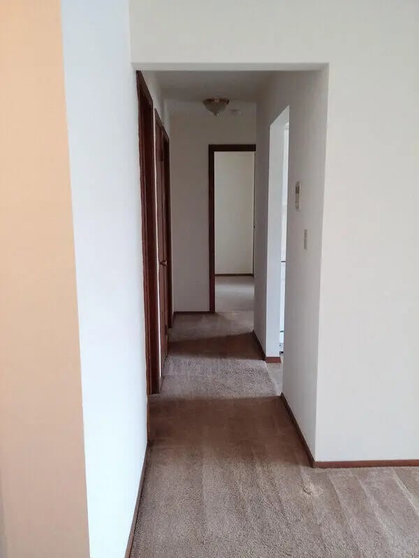Interior hallway with doors and carpet hallway at Campus Court in Milwaukee Student Accommodation