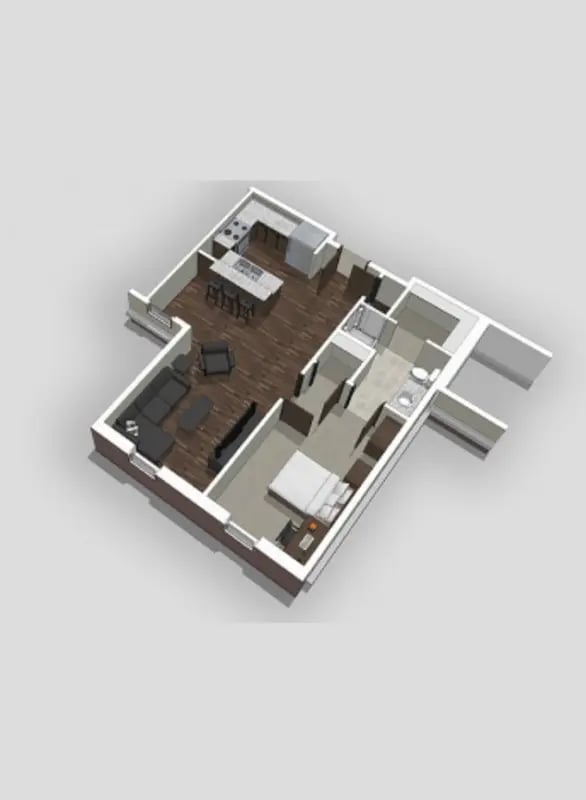 Living room kitchen bedroom bathroom floor plan at Bear Village Apartments in Springfield Student Accommodation