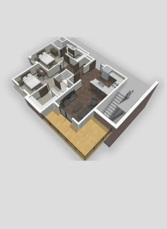 Four beds living kitchen balcony floor plan at Bear Village Apartments in Springfield Student Accommodation