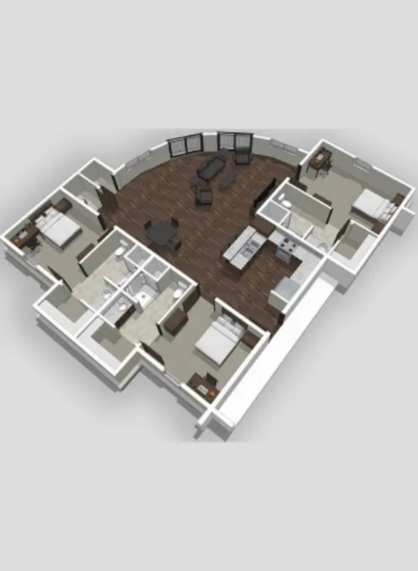 Two bedrooms kitchen living area and bathrooms floor plan at Bear Village Apartments in Springfield Student Accommodation