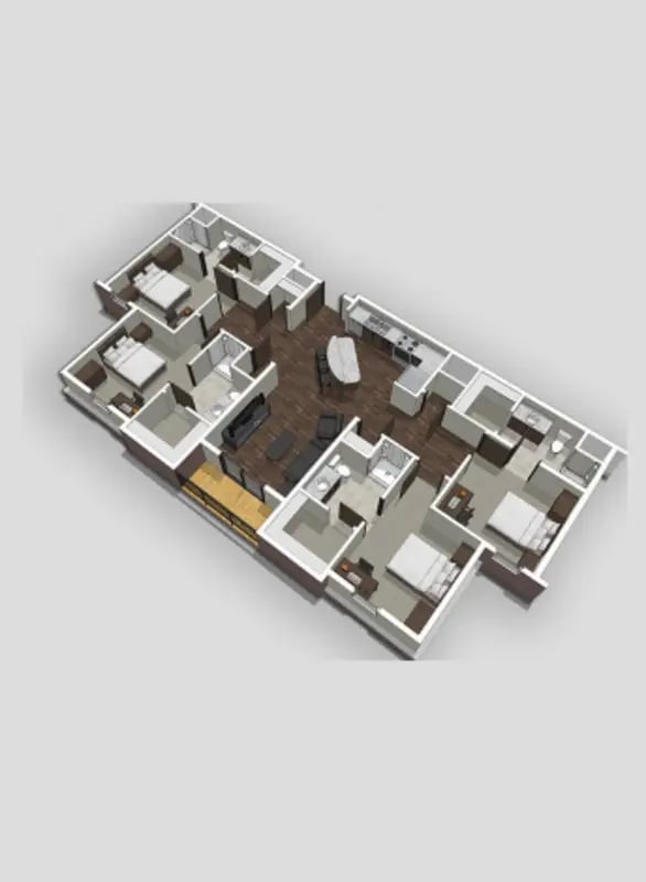 Bedrooms bathrooms kitchen living area floor plan at Bear Village Apartments in Springfield Student Accommodation