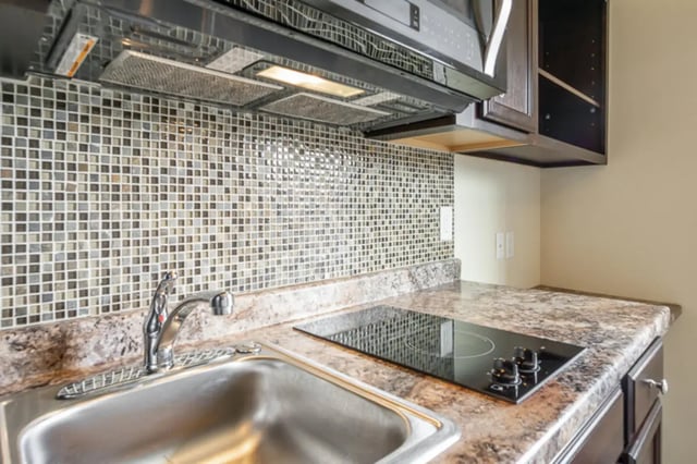 Sink faucet tiled backsplash stovetop kitchen at Eagle Summit Apartments in Cookeville Student Accommodation