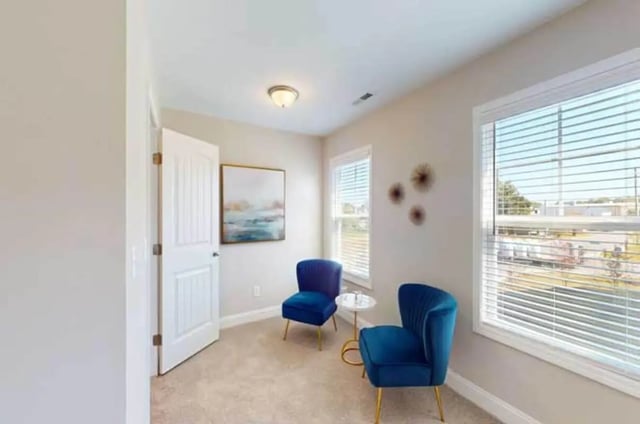 Two blue chairs round table painting open door living room at 11 at Main in Winterville Student Accommodation