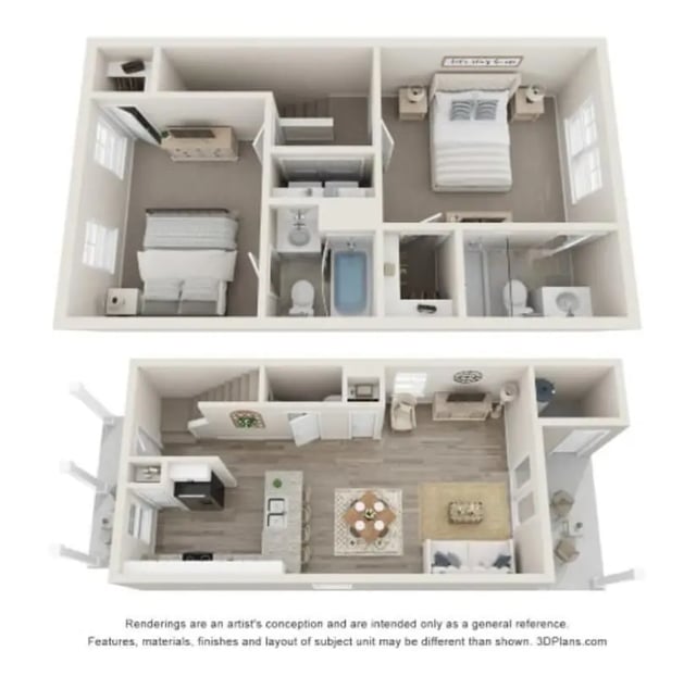 Two bedrooms baths living room kitchen floor plan at 11 at Main in Winterville Student Accommodation