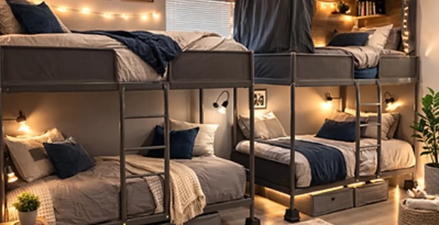 Bunk beds with lights and pillows dormitory room at Affordable SoCal Living in Los Angeles Student Accommodation
