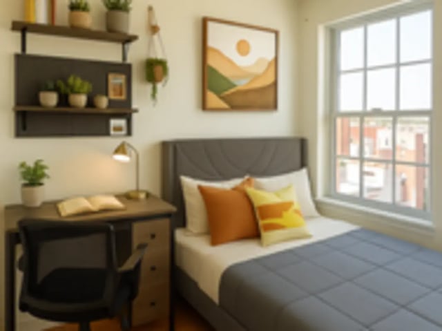 Bed desk chair artwork window Bedroom at Art Sharm Living in Philadelphia Student Accommodation