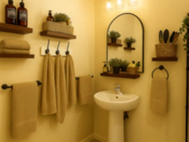 Shelves towels sink mirror and plants bathroom at Art Sharm Living in Philadelphia Student Accommodation