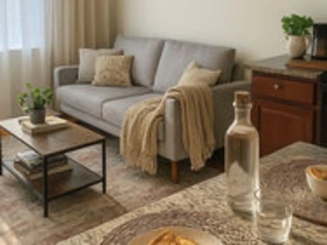 Gray sofa coffee table bookshelf plant living room at Art Sharm Living in Philadelphia Student Accommodation