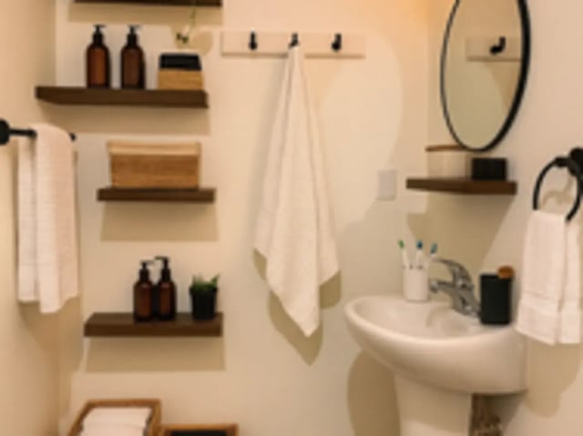 Shelves with dispensers and towels sink bathroom at Art Sharm Living in Philadelphia Student Accommodation
