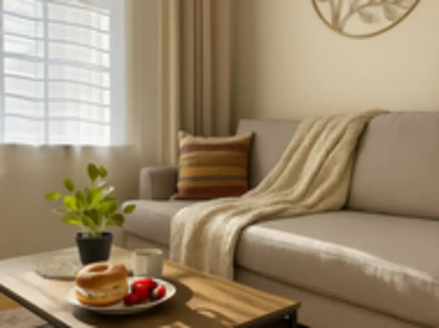 Sofa coffee plant and pastries living room at Art Sharm Living in Philadelphia Student Accommodation