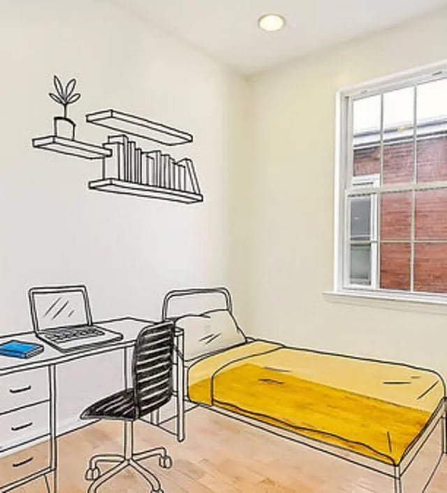 Bed desk chair shelves window bedroom at Art Sharm Living in Philadelphia Student Accommodation