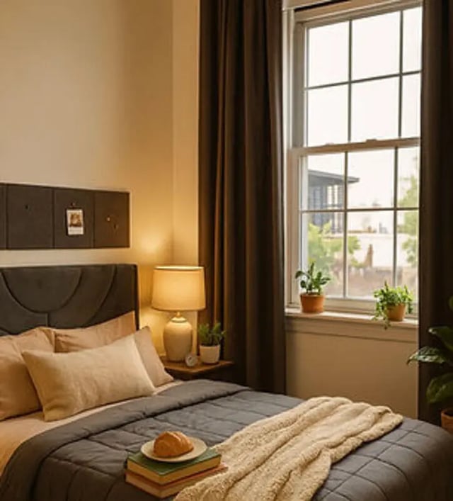Bed with pillows and lamp near window bedroom at Art Sharm Living in Philadelphia Student Accommodation