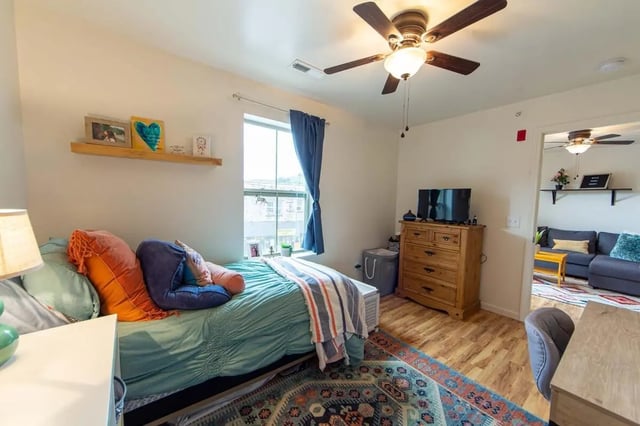 Bed dresser TV and patterned rug bedroom at 494 Lofts in Boone Student Accommodation
