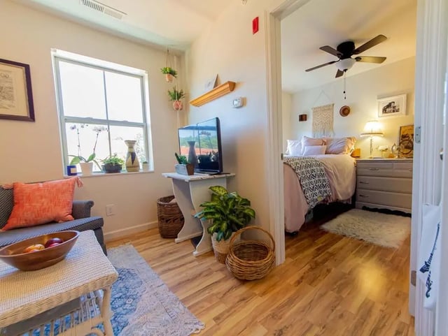 Sofa television plants and bed bedroom at 494 Lofts in Boone Student Accommodation