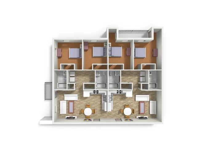 Multiple bedrooms bathrooms kitchen living area floor plan at Bears Tower- Newest Residential Units Next to MSU Campus in Springfield Student Accommodation