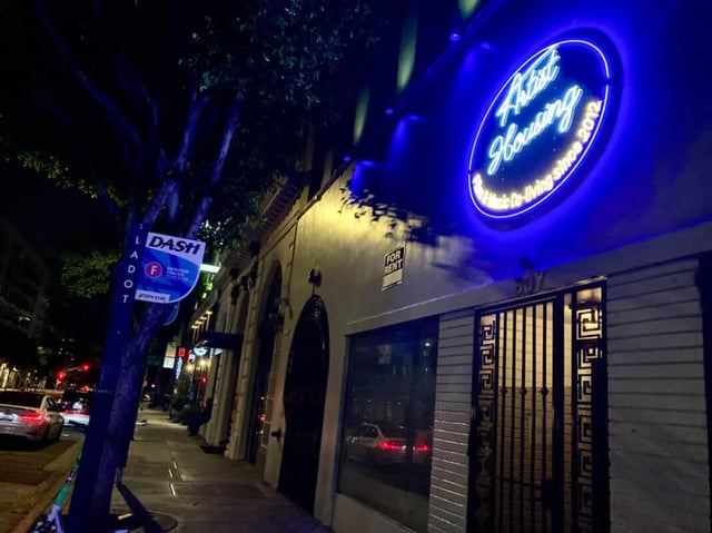 Artist Housing neon sign exterior at Artist Housing in Los Angeles Student Accommodation